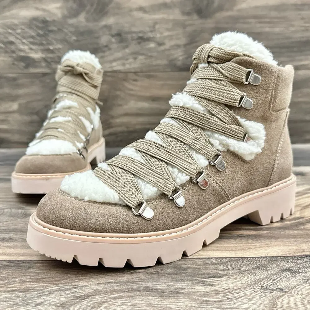 NEW Dolce Vita Pace 8 Faux Shearling Trim Lug Sole Suede Hiker Ankle Boots
